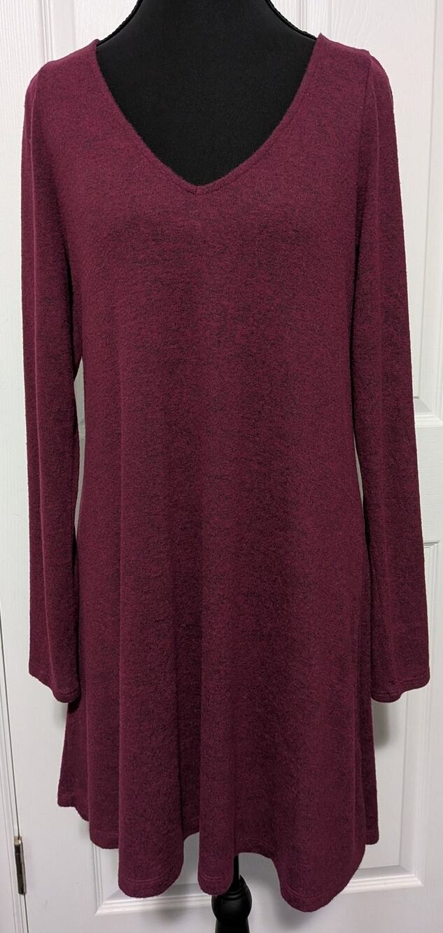 Express Burgundy Heather Knit Swing Dress Medium V-Neck Long Sleeve A-Line